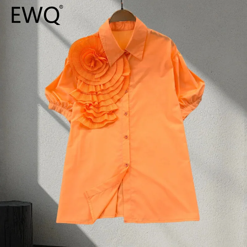 EWQ Summer Short Sleeves Shirt For Women Pleated 3D Floral Spliced Design Solid Color Tops Versatile 2024 New Clothing 27C706