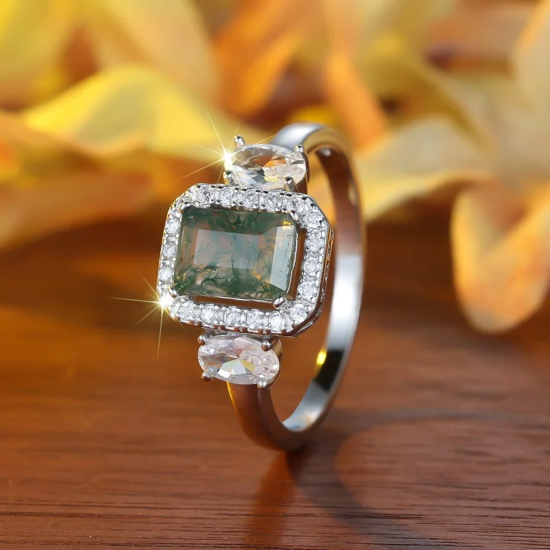 Non fading high-end temperament square agate edged zircon ring, steady, elegant, fashionable, noble and versatile jewelry