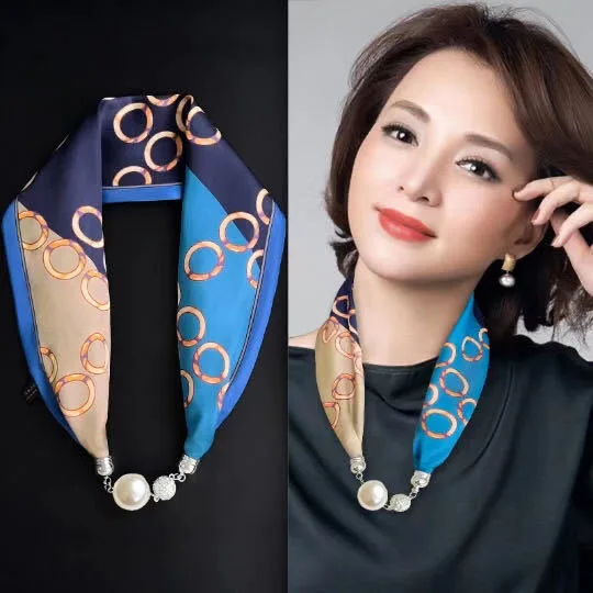 Magnetic Button Print Silk Scarf Necklace Neck Ties Multi-function Neckerchief Neckties Scarf