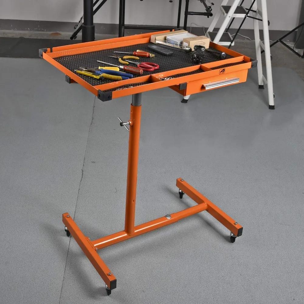 A018A Heavy-Duty Adjustable Work Table with Drawer & Wheels, Mechanic Tray,Mobile Rolling Tool Table, Orange