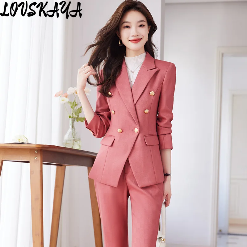 

Новый эксклюзивный соблазнительный деловой костюм, костюм из двух предметов, розовый костюм для женщин на осень