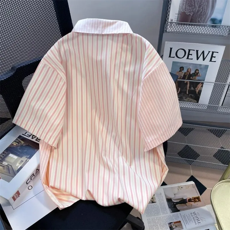 XEJ Kawaii Shirt for Women 2024 Shirts Woman Summer Pink Striped Shirt Elegant Chic Woman Korean Fashion Oversized Shirt