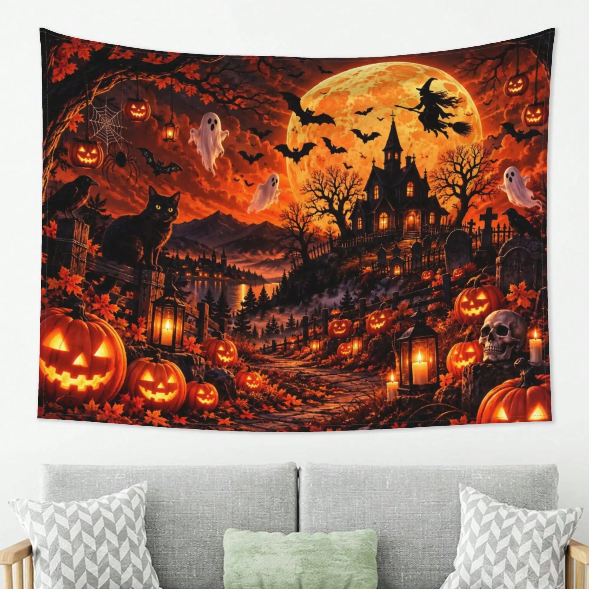 Black Cat Halloween Tapestry Jack O Lantern Pumpkins Orange Moon Bats Autumn Silhouette Spooky Gothic Moonlit Dark Night Wall Hanging, Aesthetic Wall Art For Bedroom Living Room Dorm Home Decor