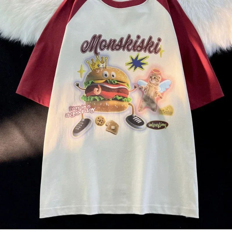 American Vintage Burger Cat Raglan Sleeve Design Short Sleeve T-shirt for Men and Women Loose Versatile Fashion Brand T-shirt