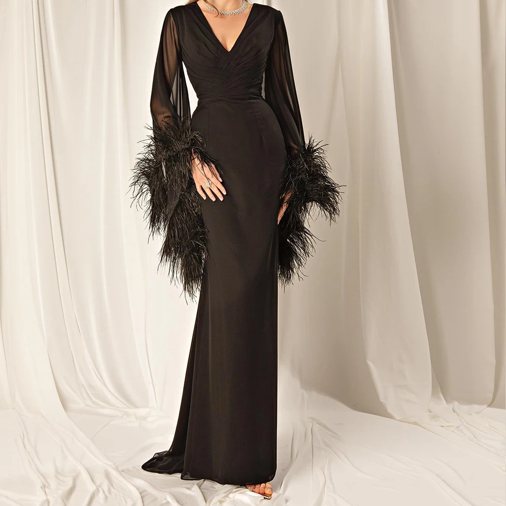 

Customized Classic V-Neck Feathers Pleats Lace Party Gown Temperament Straight Long Sleeves Black Evening Dress платье вечернее