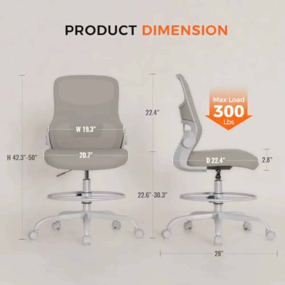 Ergonomic tall drafting stool with breathable mesh backrest and contoured lumbar support • Adjustable gas lift height mechanism