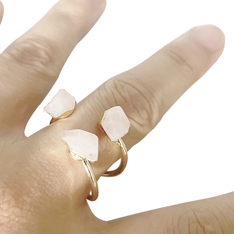 Three Stones Irregular Rose Quartz Open Ring for Women Girls Gold-color Boho Rough Pink Crystal Finger Jewelry Resizable