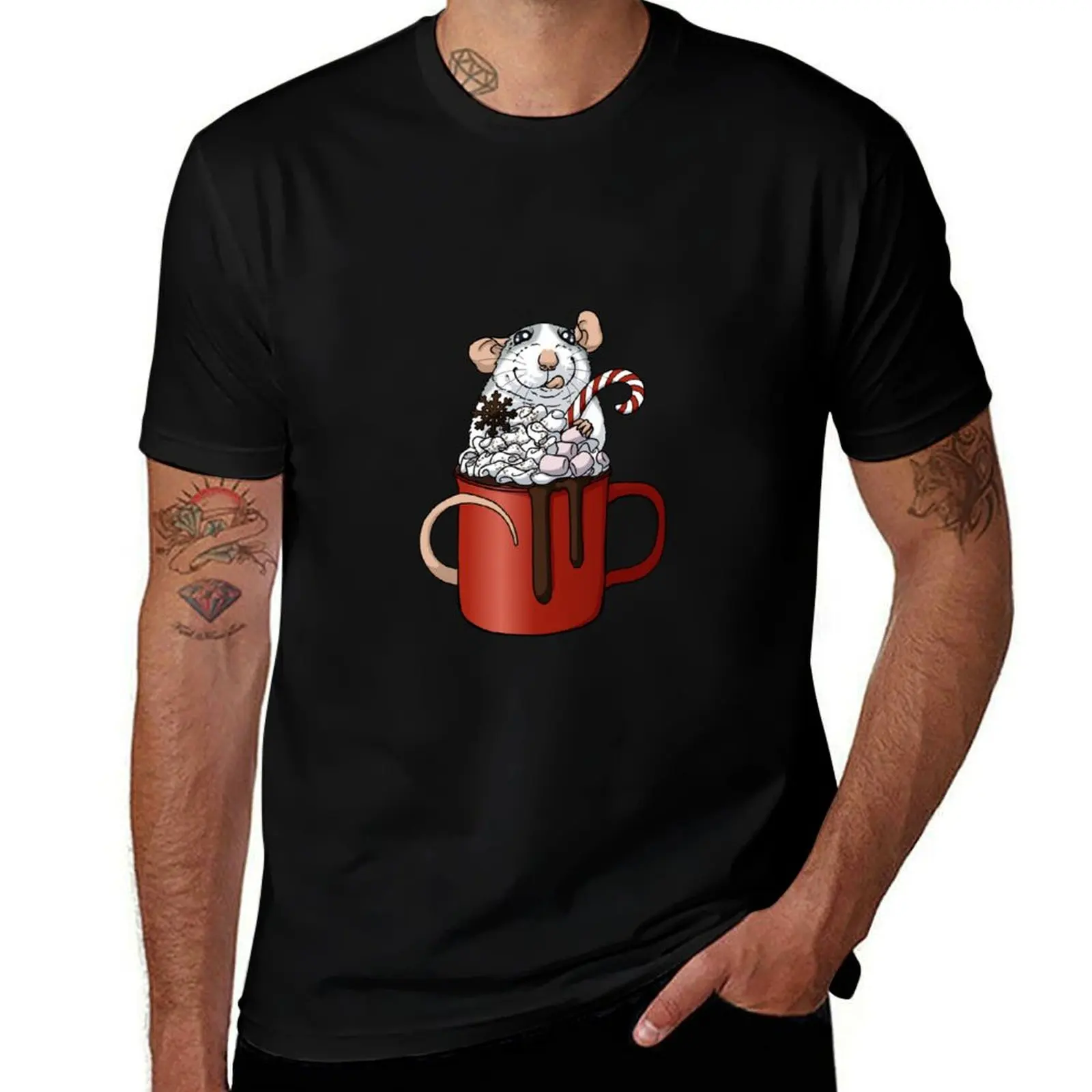 Camiseta Roan Rat Christmas Hot Chocolate, camisetas estampadas para hombre, camiseta de algodón pesado, paquete de camisetas de algodón
