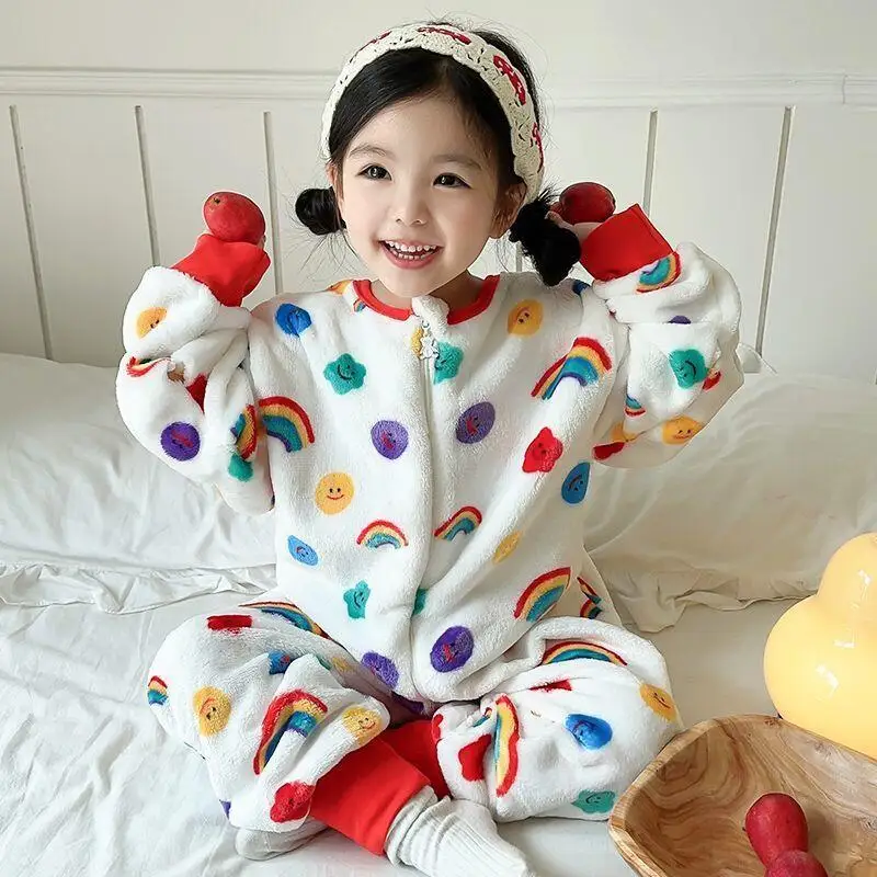 Children's Flannel Pajamas Autumn and Winter Boys and Girls Fleece Warm Jumpsuits Plush Cute Sleeper Bag Home Wear Sleepwear