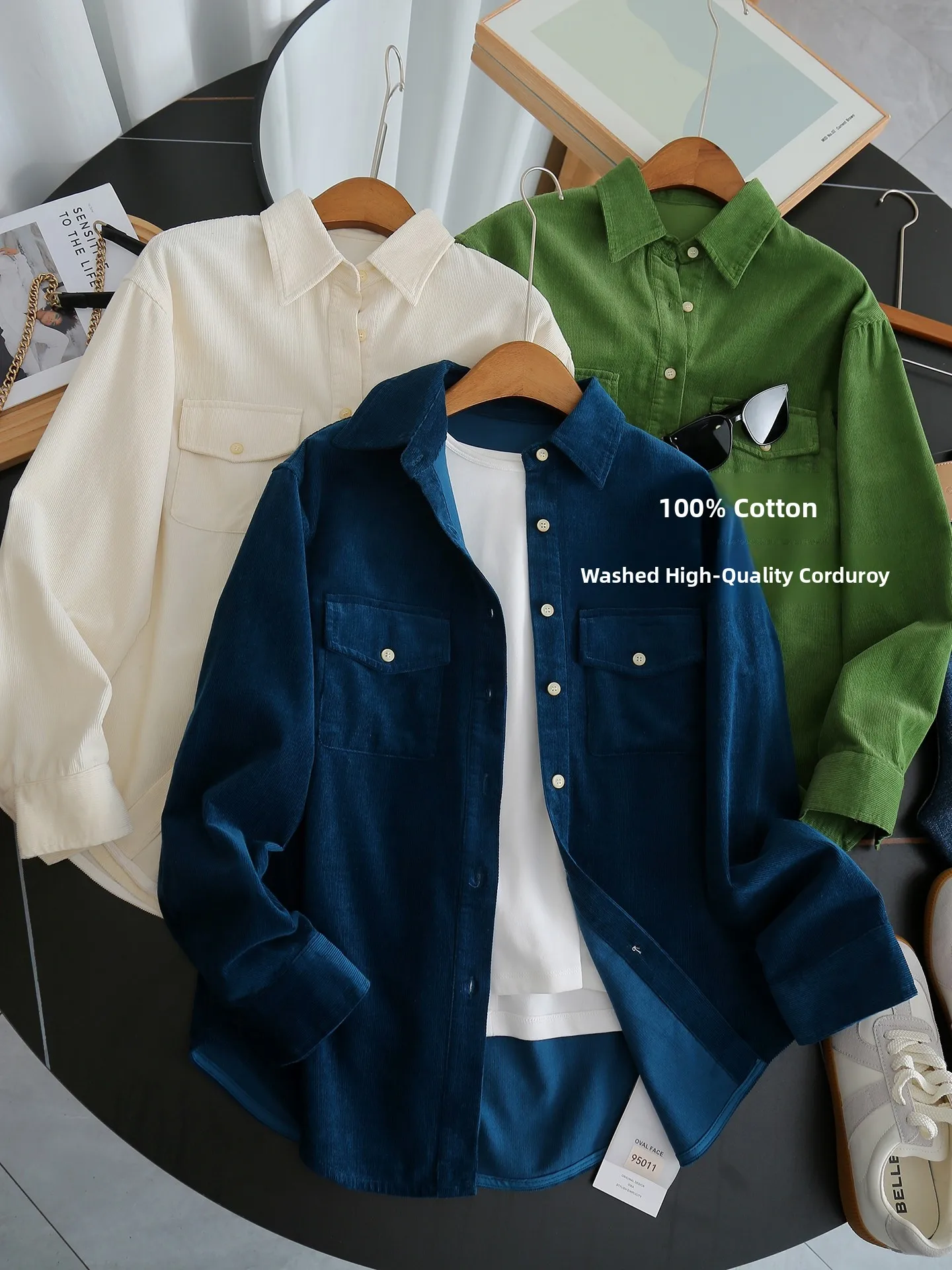 

Ретро-топ из хлопкового вельвета с высокой плотностью шитья, женский, весна 2026, новая модель, для многослойных образов, из чистого хлопка, свободный крой, дышащий, с длинными рукавами