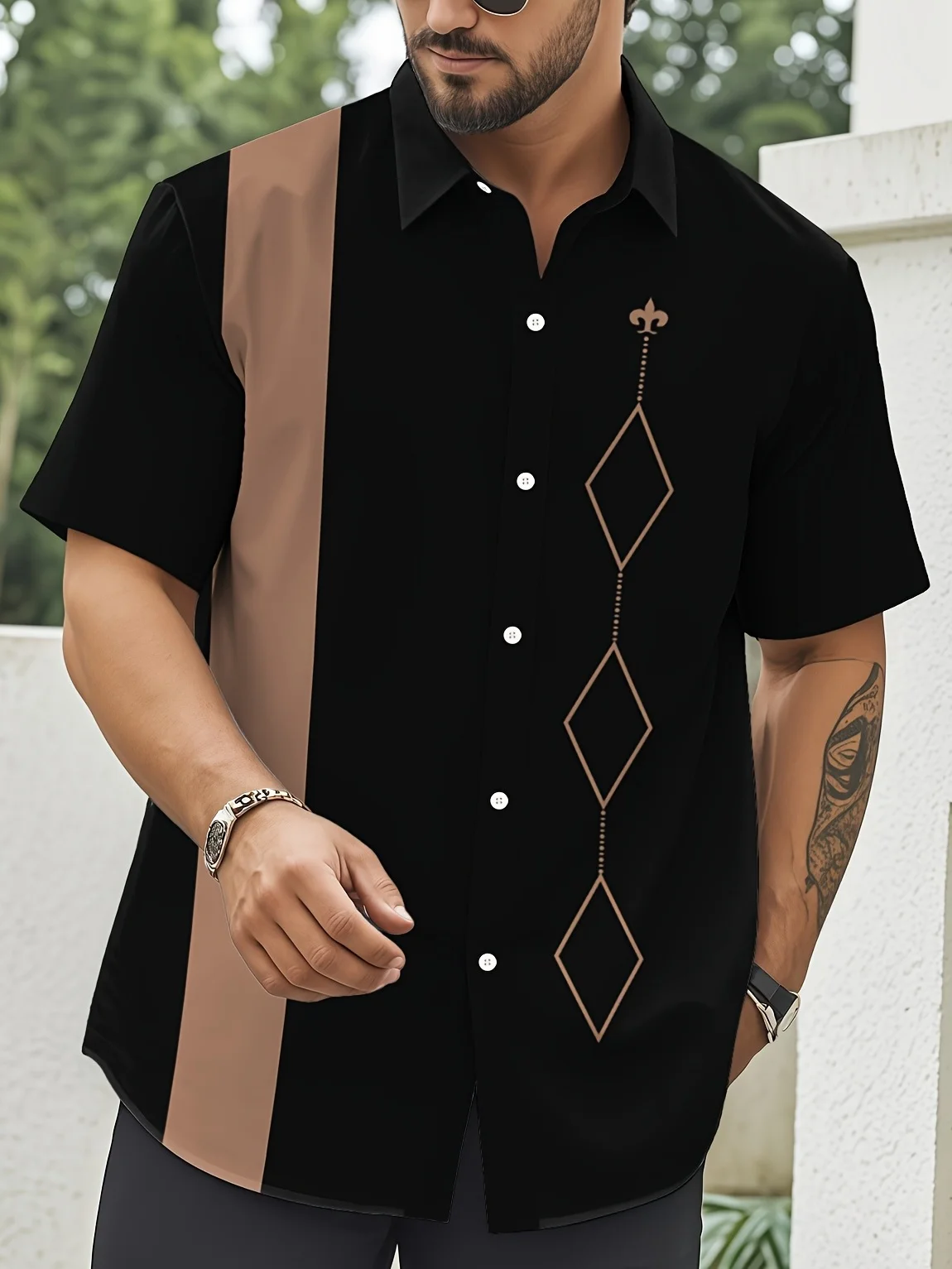 Men Black Khaki Color Block Geometric Diamond Print Short Sleeve Turn-down Collar Shirt Casual Button Down Streetwear Top