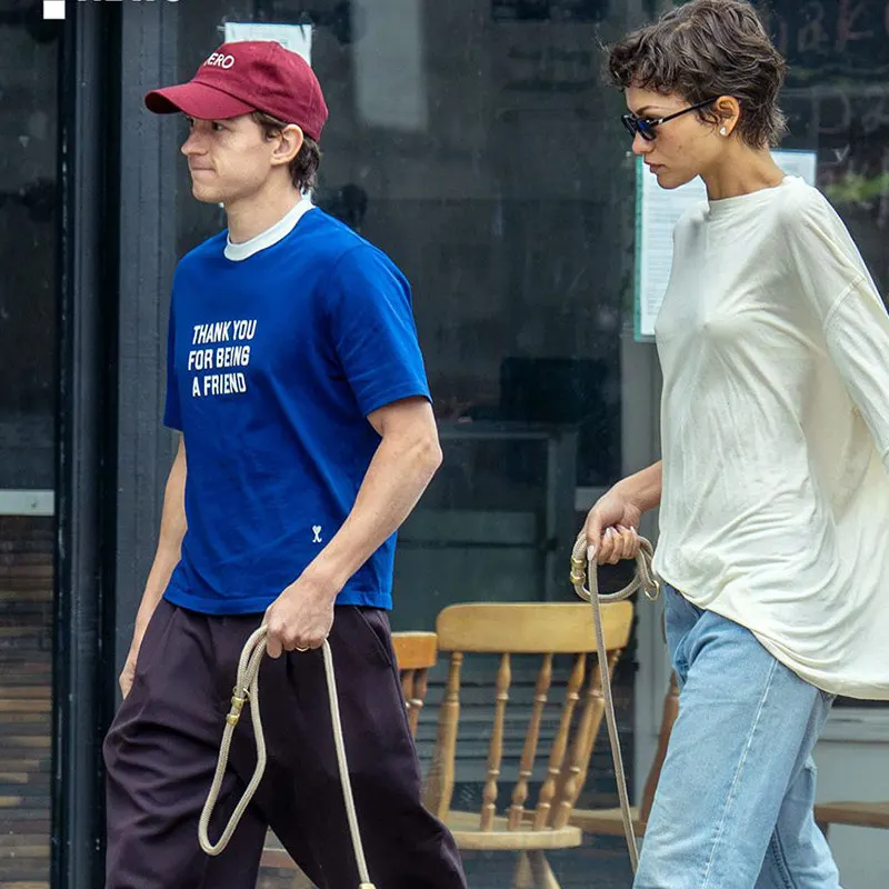 Tom Holland Street Style Thank You for Being A Friend Collar Graphic T Shirt Unisex Loose Oversized Harajuku Streetwear Cotton