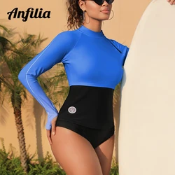 Anfilia donna Rashguard girocollo UPF 50 + colore sfumato maniche lunghe con foro per il pollice top da surf dovrebbe cerniera top ad asciugatura rapida