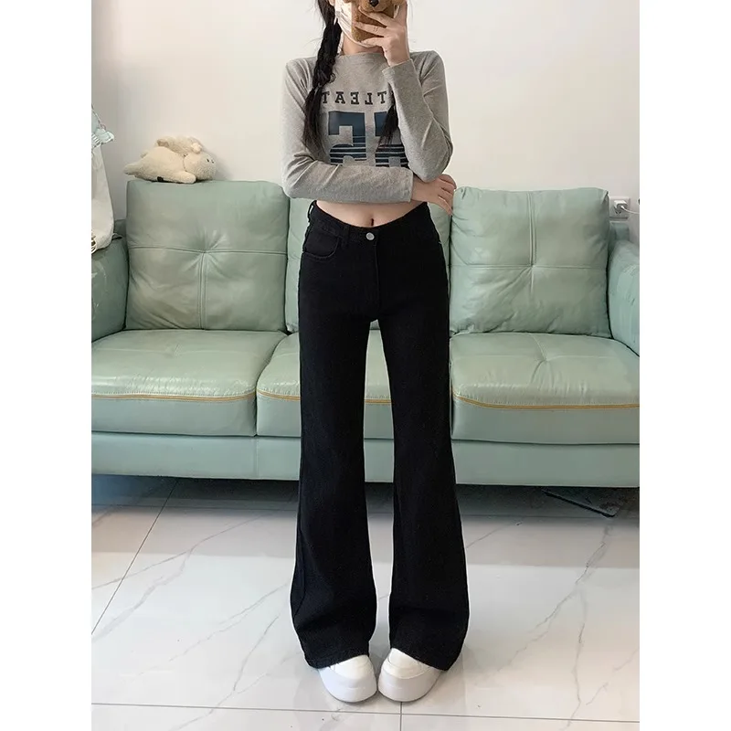 Spring Summer Low Waist Bell Bottom Jeans Women's Slimming High Risen Micro Flared Denim Pants Cotton Stretch Wear Resistant