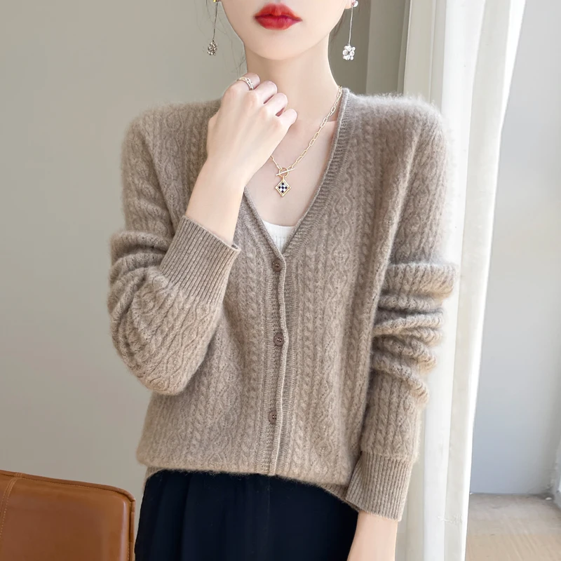 New 100% merino wool autumn and winter women\'s hollow V-neck pullover fashion warm knit cardigan top.