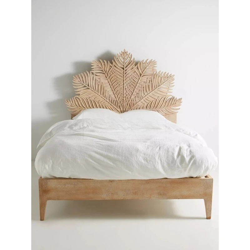 

French solid wood bed wabi-sabi wind art carving palm leaf double bed simple