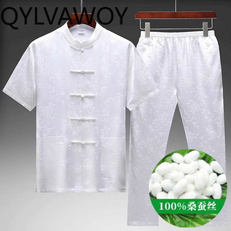 QYLVAWOY 100% Mulberry Silk Men's Matching Sets Vintage 2 Piece Set Chinese-style Suit Casual Clothes for Man Ensemble Homme