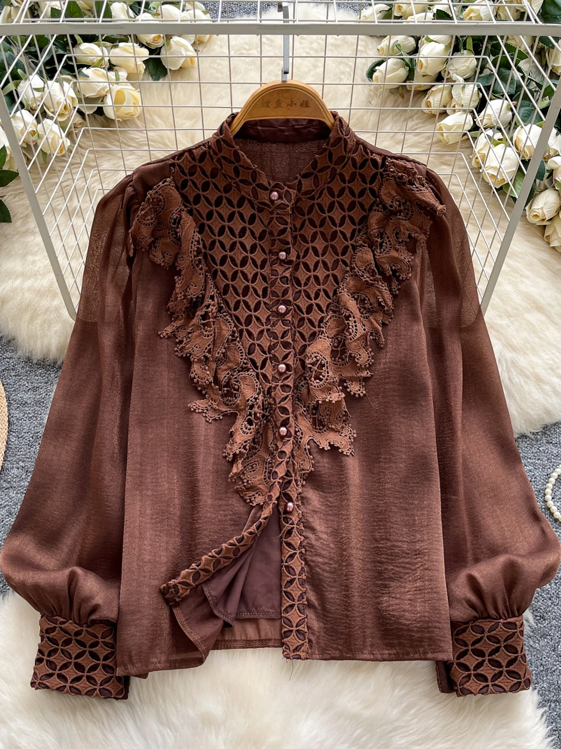 레트로 코트 슬레 레이스 트림 스플라이싱 랜턴 스타일 여성 패셔너블 다용도 베이스 탑 한국 루즈핏