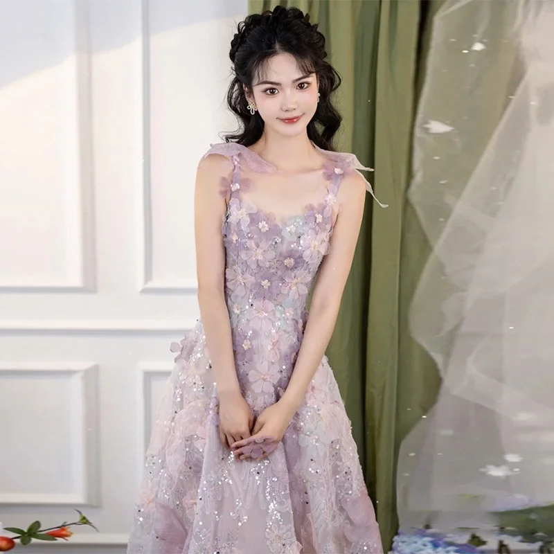 

Ele кружевное платье с цветочным принтом, женское платье, длинное вечернее платье, фиолетовое бальное платье с пайетками, корейское платье со средней талией