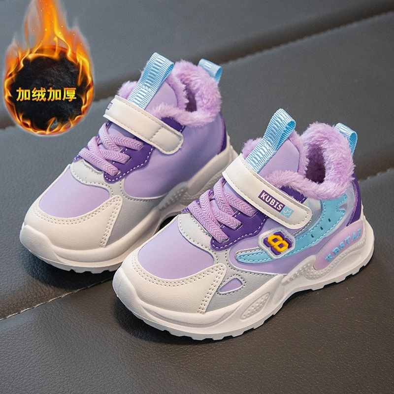 Girl With Velvet Sneakers Children Warm Autumn/winter Sports Shoes Purple Pink 2023 Winters Child Light Warm Shoes