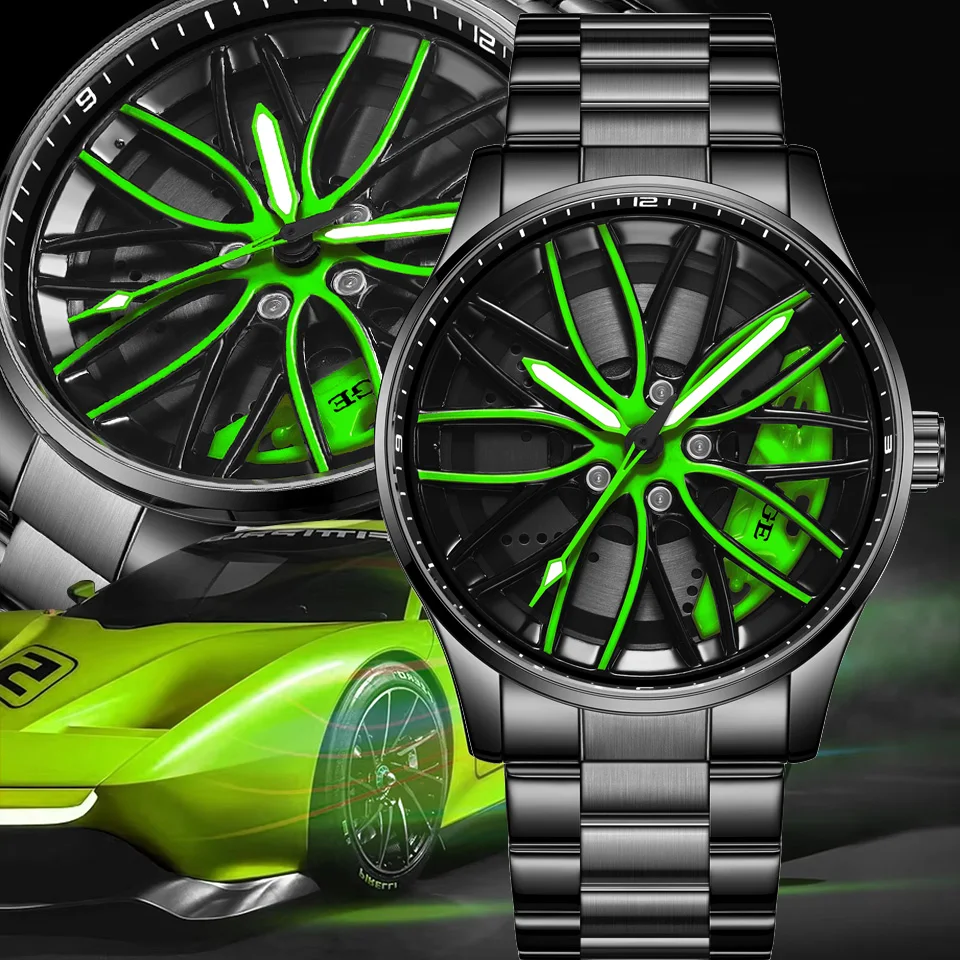 

LIGE Автомобильные часы для мужчин Водонепроницаемые кварцевые наручные часы из нержавеющей стали Спортивные мужские часы с дизайном ступицы колеса автомобиля