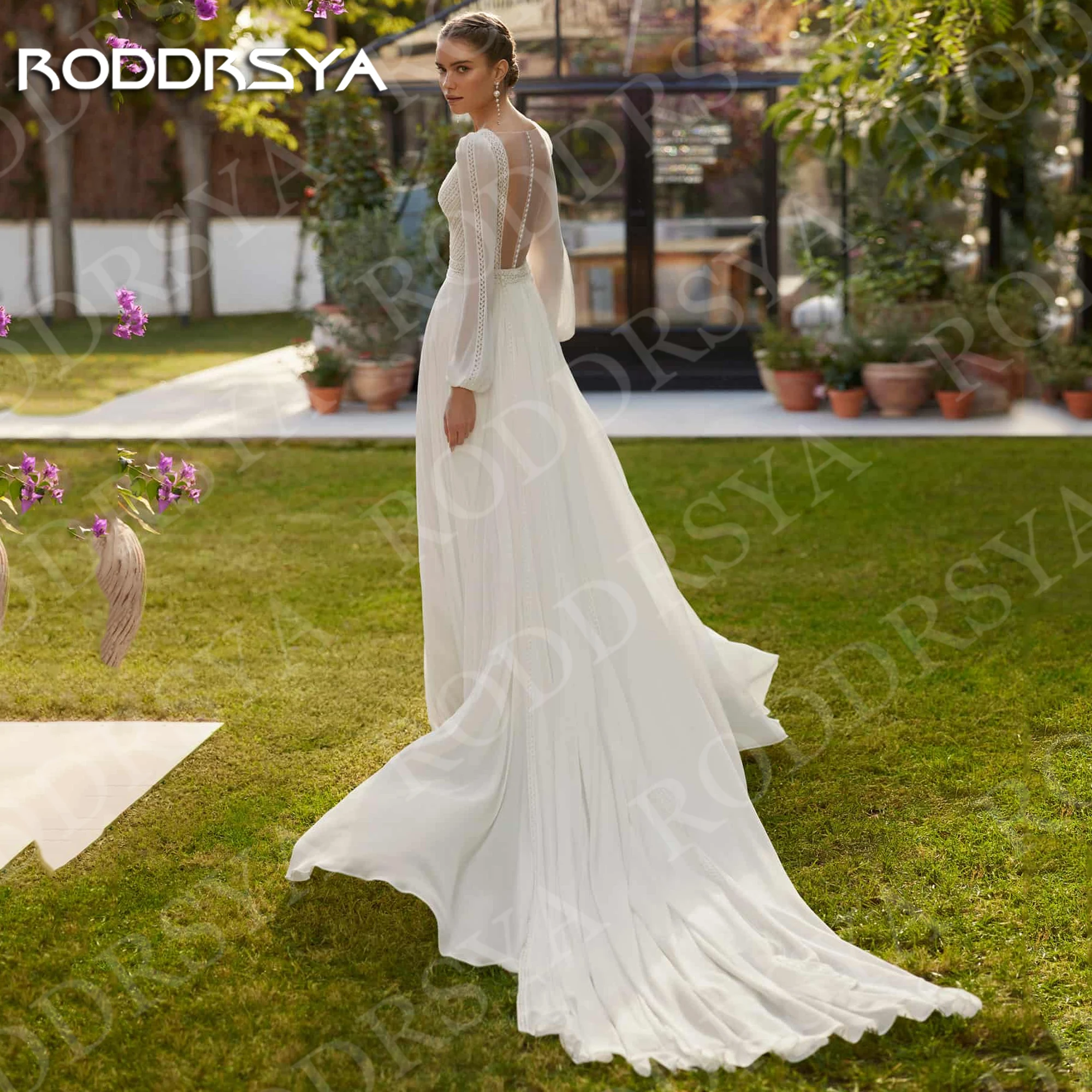 RODDRSYA Elegant Boho Chic Wedding Dresses V Neck Long Sleeve Lace Illusion Back Bridal Gown Detachable Train A Line Customized