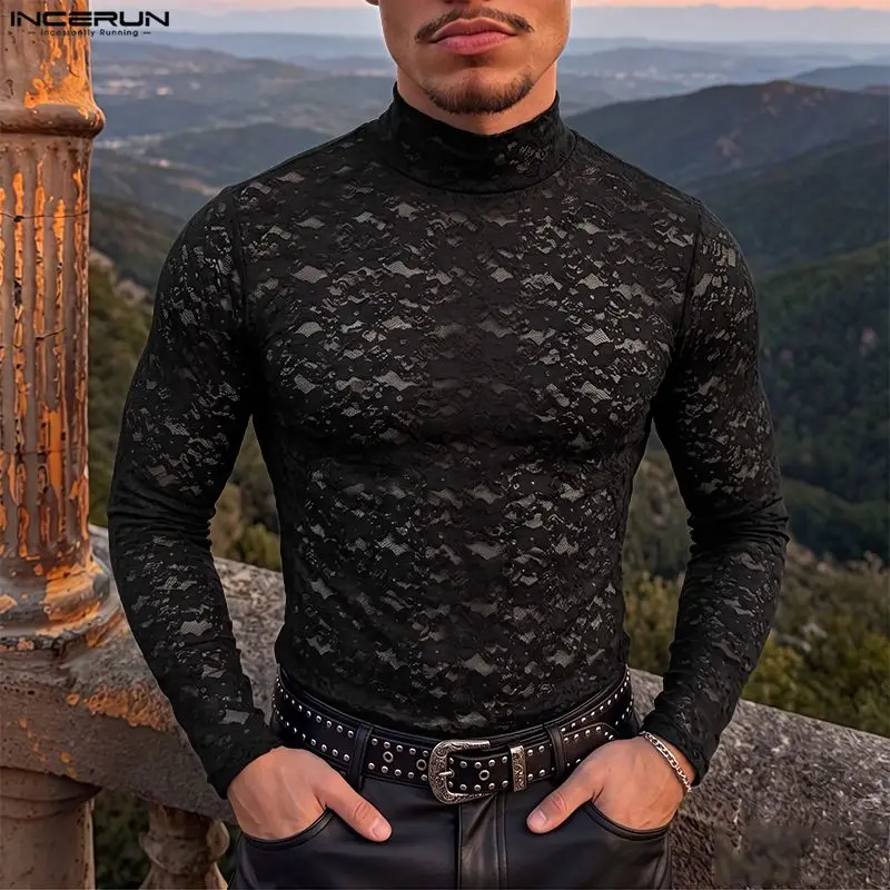 INCERUN Men's T Shirt Lace Long Sleeve See Through Turtleneck Sexy Men Clothes Streetwear 2026 Fashion Party Tee Tops For Man