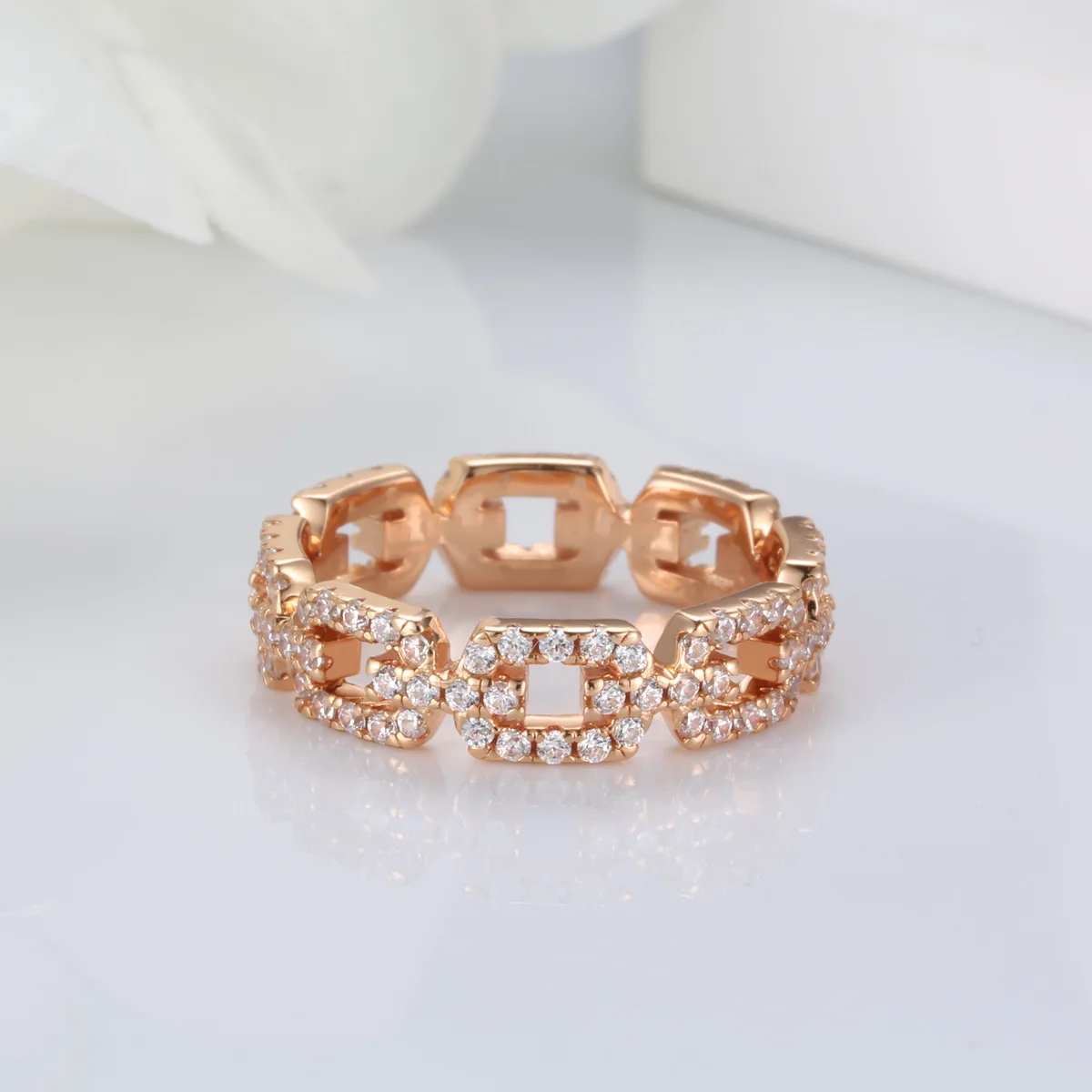 

S925 Sterling Silver Rose Gold Plated Chain Ring Women's Full Diamond Pig Nose Couple Pair Ring Stacked Wear