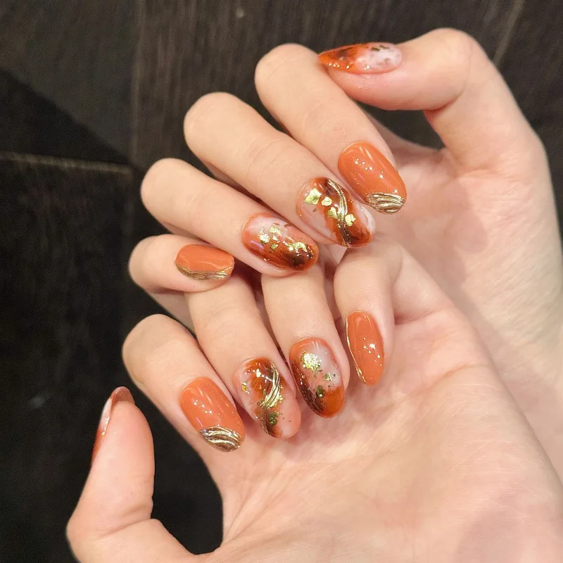 

10pcs Hanmade Press on Nails Gold Leaf Gilded Ombre for Autumn and Winter Fake Nail for Women&Girl Removable Wearable False Nail