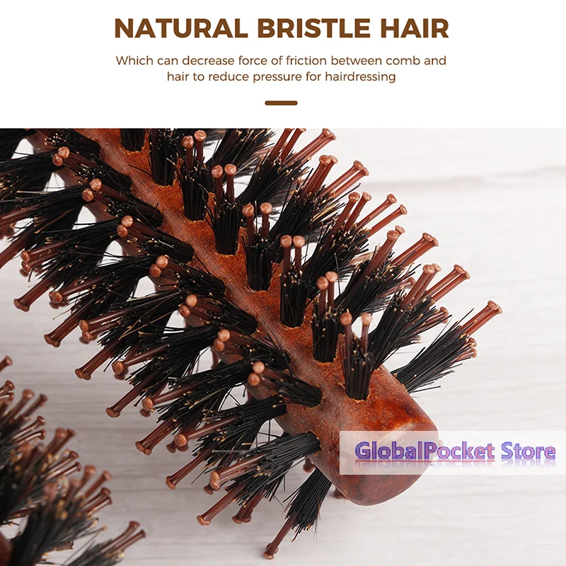 [TG823]Anti Static Wood Boar Bristle Hair Round Brush Hairdresser Styling Tools Teasing Brush For Hair Curly Comb Hair Brush