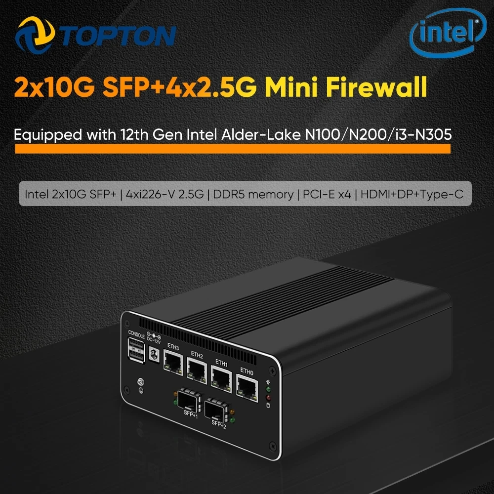 Topton-ファイアウォールアプライアンス、ソフトルーター、ミニpc、proxmoxサーバー、4x i226-V、2.5g、12th gen、2x10g sfp、intel i3-N305、n200、n100、ddr5、nvme