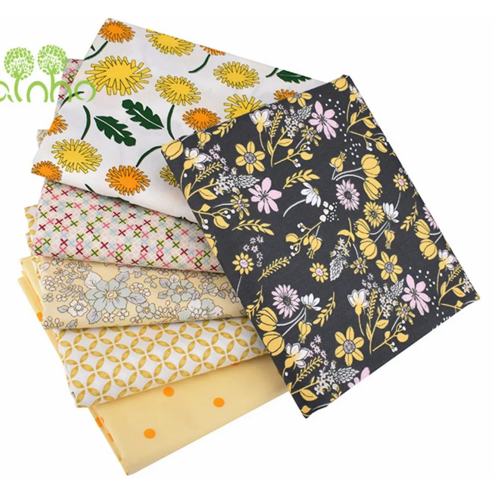 Chainho,Printed Twill Cotton Fabric,Patchwork Cloth,DIY Sewing Quilting Material,Yellow Floral Series,6 Designs,3 Sizes,15C50M