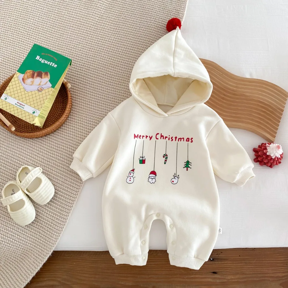 

Boys Girls Letters Print Christmas Romper Hooded Hooded Jumpsuit Newborn Clothes Christmas