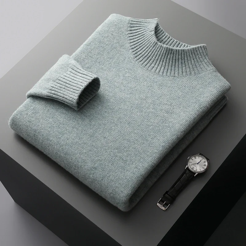 Winter Double Thick Men's Cashmere Sweater with Semi-High Neck High-End Warm Wool Knitted Bottoming Shirt