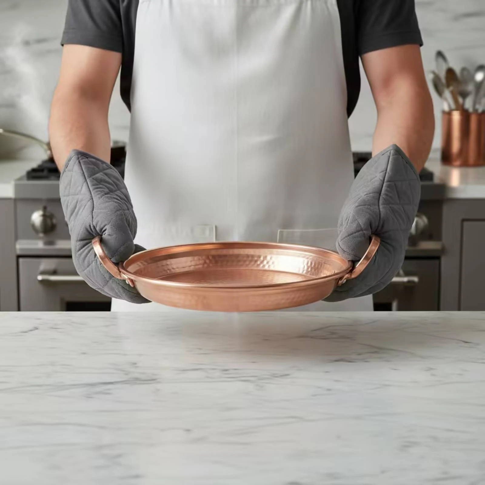 Copper Pan Hammered Pan with Loop Handles Copper Skillet Shallow Cookware Flat-Bottom for Home Cooks, Table Serving
