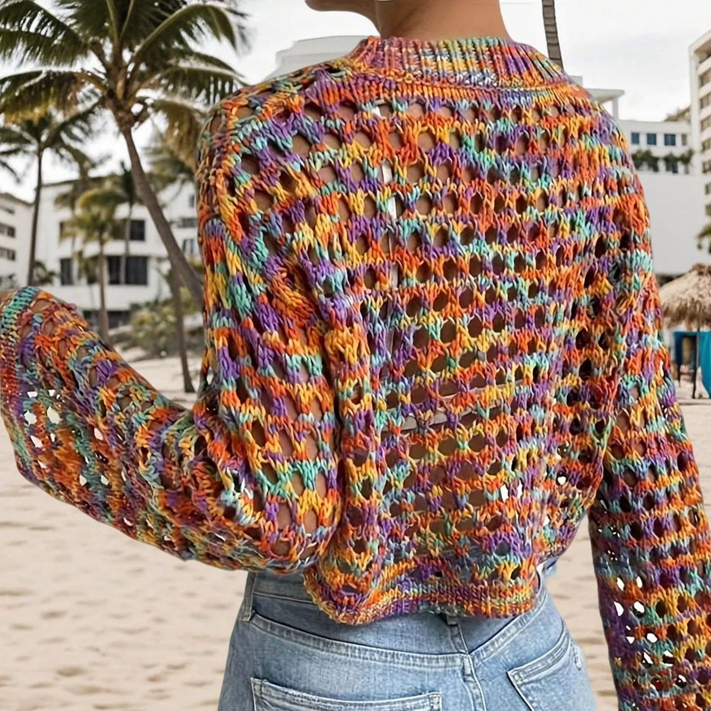 Women Knitted Pullovers Jumpers Rainbow Color Sweaters Cutout O Neck Flared Sleeve Short Loose Office Lady Casual 2025 Summer