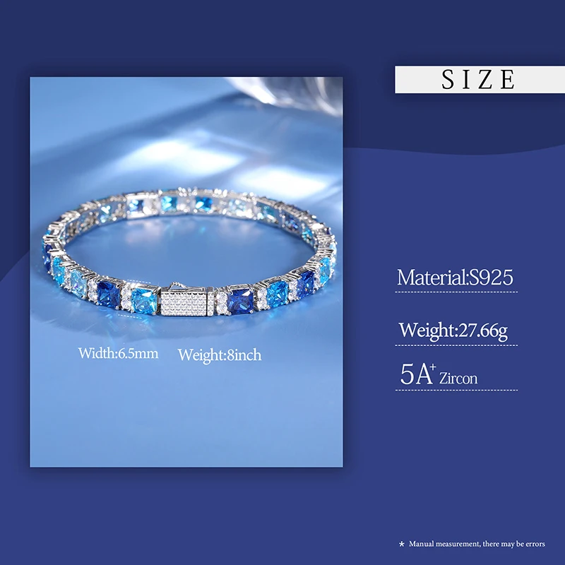 NASIA Gradient Blue Square Tennis Bracelet for Women S925 Sterling Silver Men Unisex Hip Hop Jewelry Party Gifts 2026