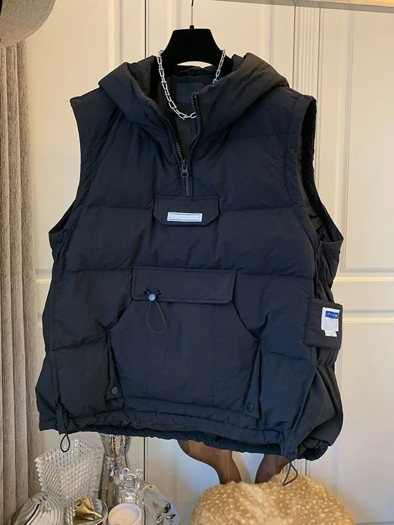 Large Size 300 Pounds Hooded American Style Vest Cotton down Jacket Unisex Winter Ins Sleeveless Shoulder Pad Couple Coats