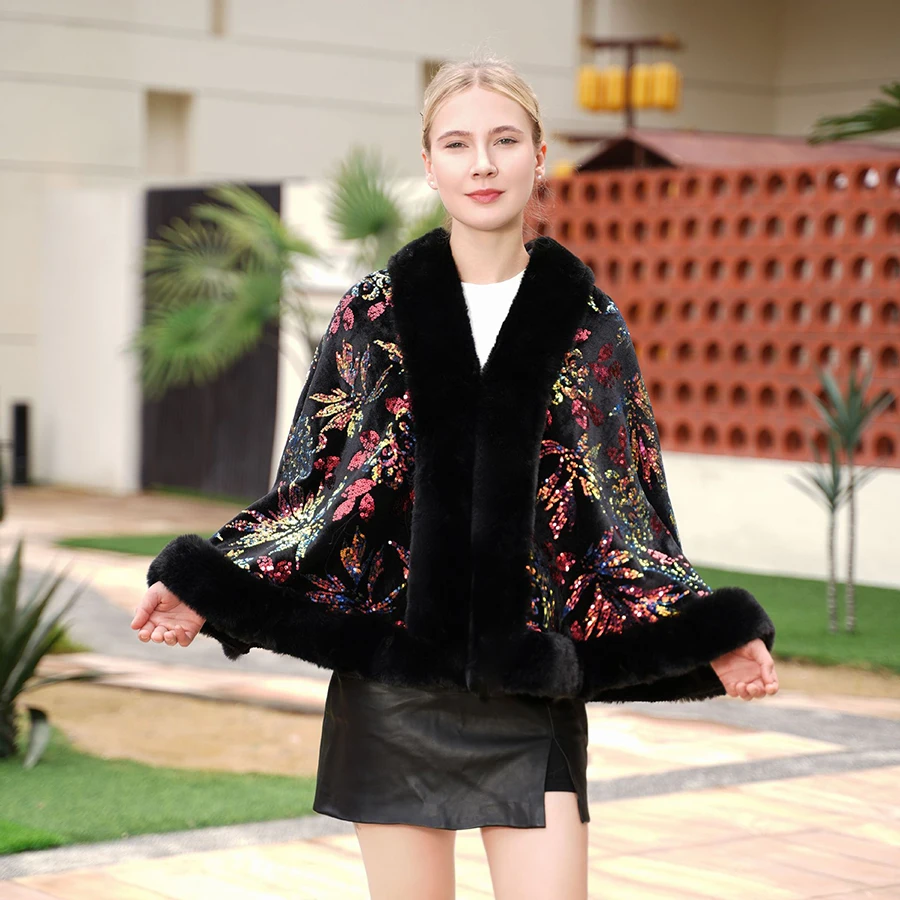 

Fashion Sequins Jacquard Faux Fur Cape Wraps Thicken Lining Coat Women Autumn Winter Poncho Party Dress Shawl Cloak Mother Gift