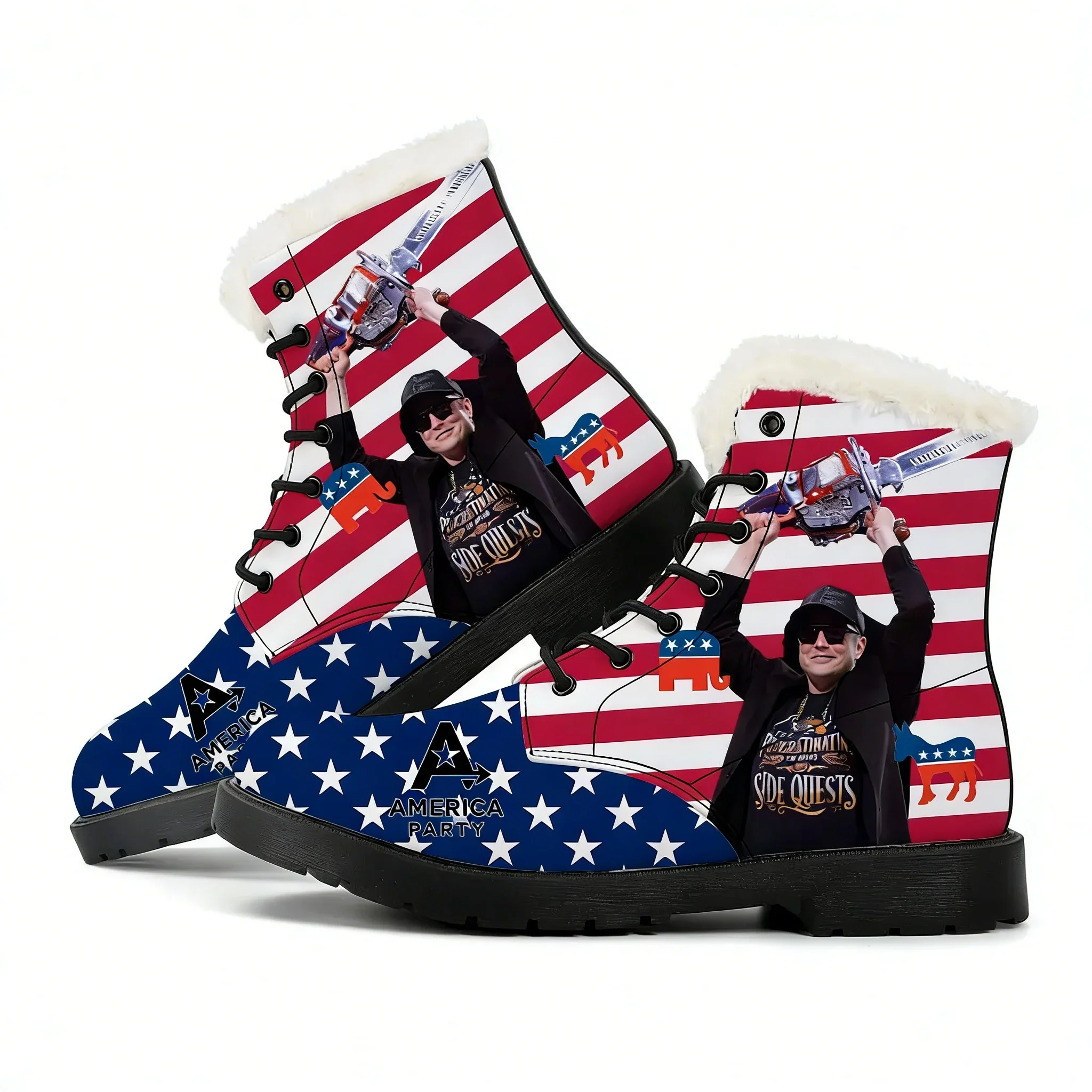 

America Party Plush Boots Mens Womens Casual Shoes Elon Musk Cozy Outdoor Keep Warm Leather Boot Couple High Quality Custom Shoe