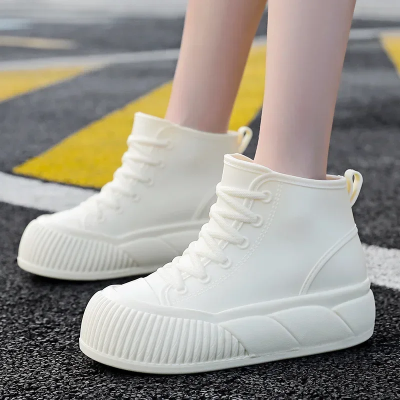 2025 New plush galoshes waterproof rain boots women's rubber platform shoes for lady ankle wide toe rainboots water shoes woman