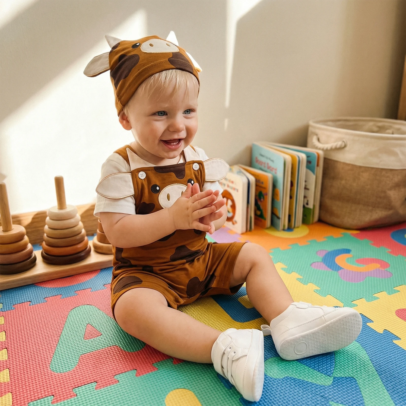 macacao-de-verao-para-bebe-menino-sem-mangas-em-marrom-com-estampa-de-vaca-e-chapeu
