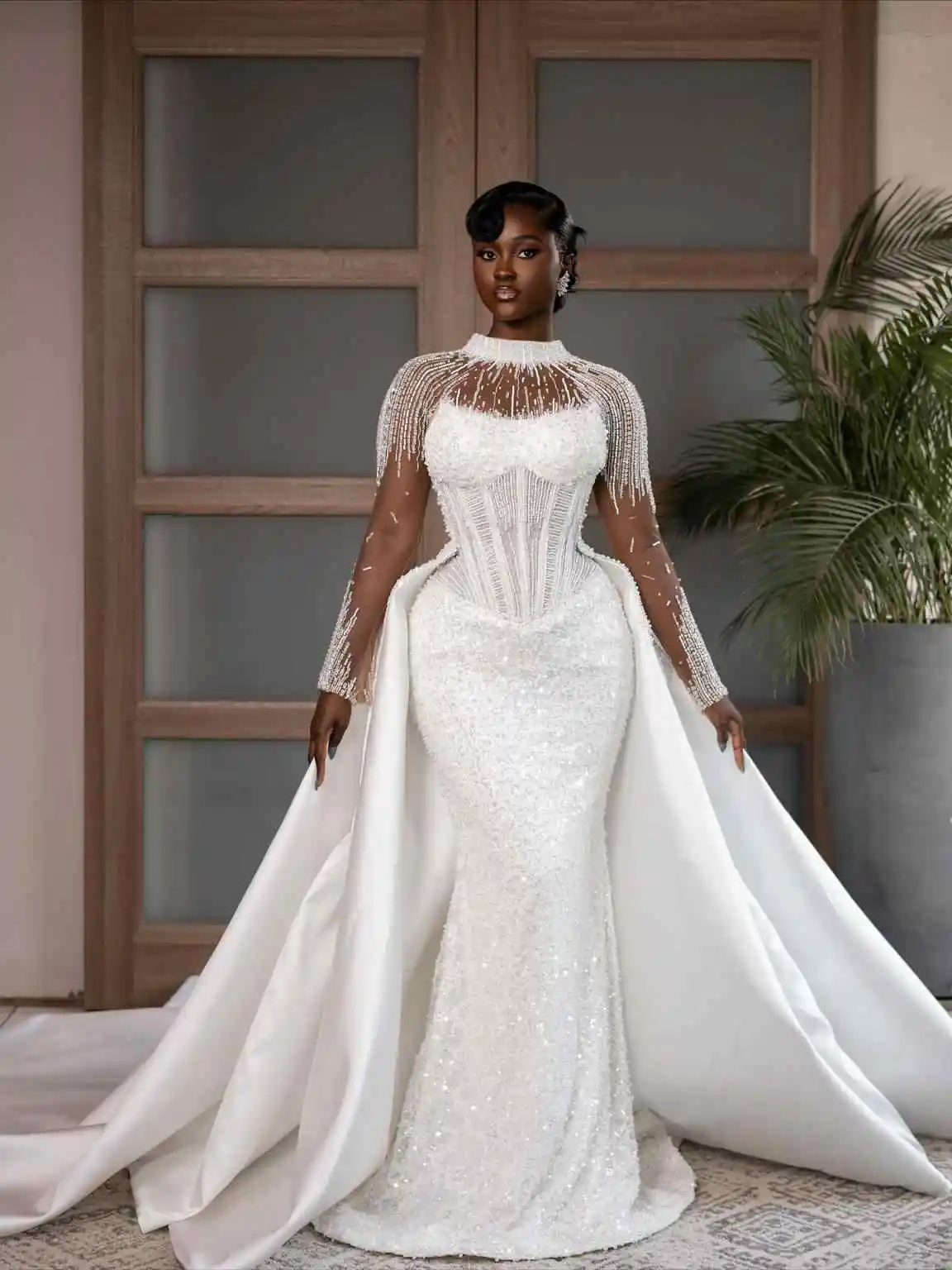 Luxe Lovertjes Zeemeermin Bruidsjurken Hoge Hals Trouwjurken Met Lange Mouwen Afneembare Trein Aangepaste Vestidos De Novia