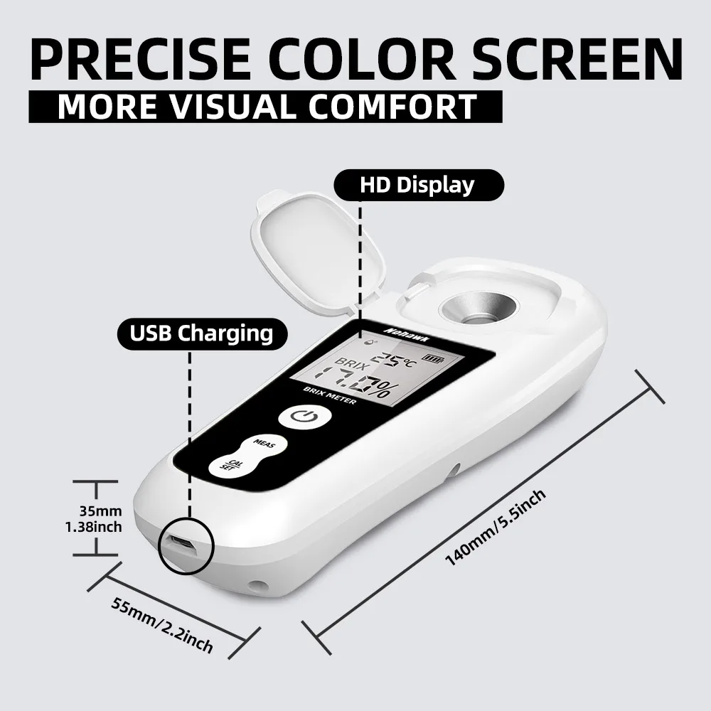 Nohawk Digital Sugar Brix Refractometer 0-55% Range Brix Meter ±0.2% Precision Refractive Index Waterproof Rechargeable Portable