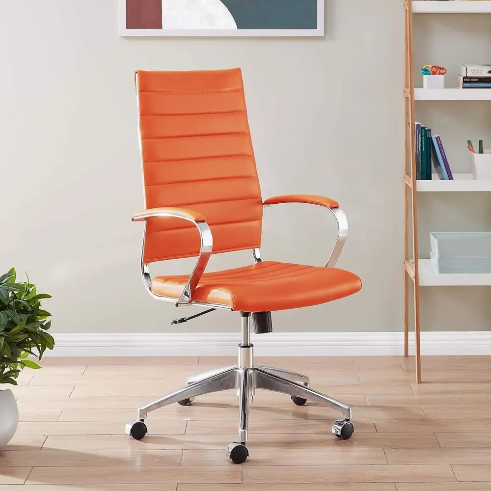 Orange High-Back Swivel Executive Office Chair with Ribbed Design and Arms