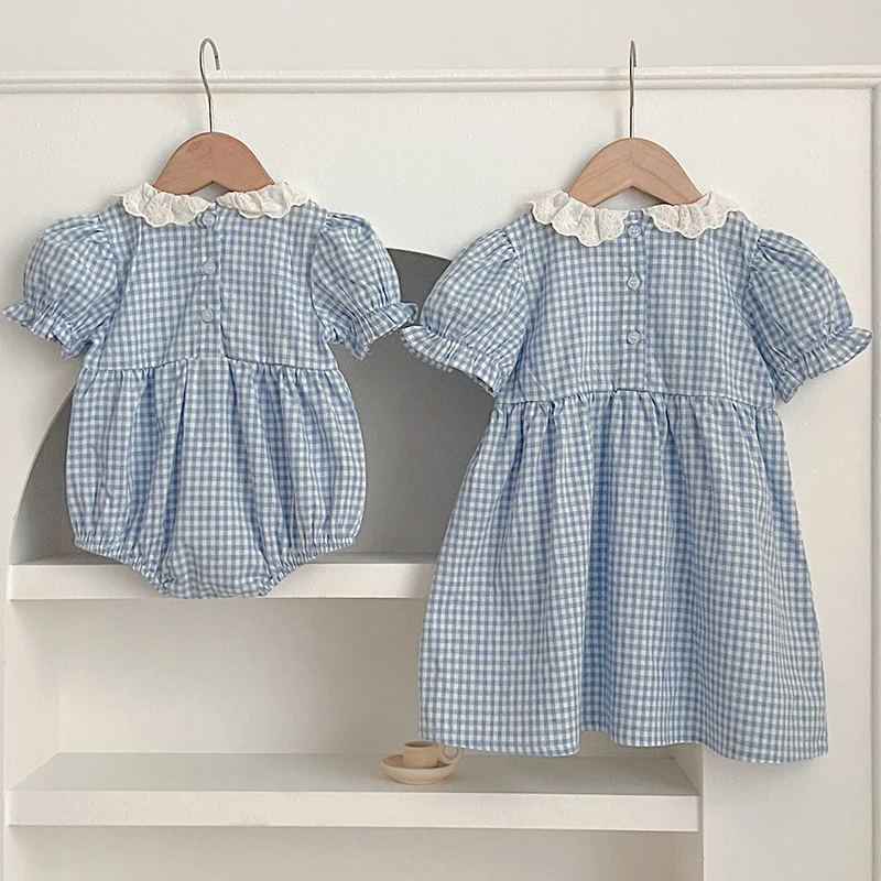 Baby Sister Clothes Summer Baby Girl Clothes Blue Plaid Dress Ruffled Collar Baby Girl Romper One Piece Sister Clothes Dress