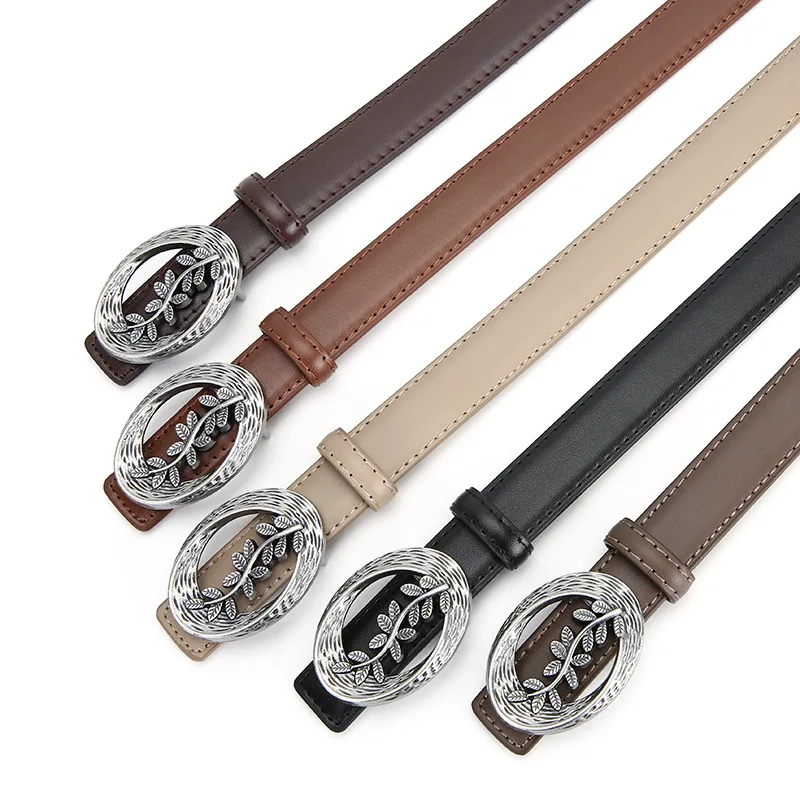 Ladies' small lychee patterned smooth buckle belt, casual and versatile retro decorative belt