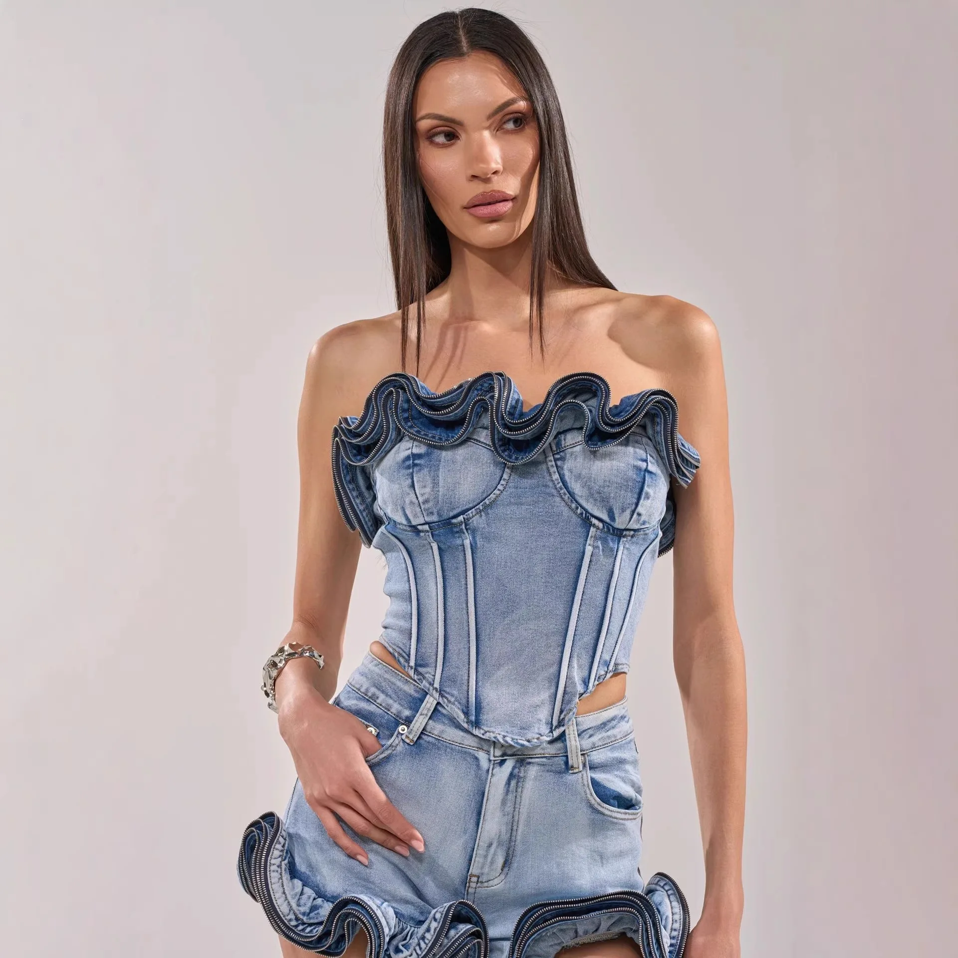 Vintage Wave Ruffled Sleeveless Denim Off Shoulder Corset Top Zipper Waist Cincher Slim Bustier Crop Top Streetwear Party Vest