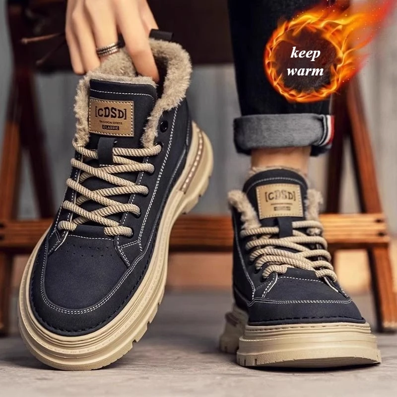 Men's Leather Thick Soled Snow Boots Outdoor Casual Padded Shoes for Men Winter Fashion Design Thick Sole Anti-Slip Ankle Boots