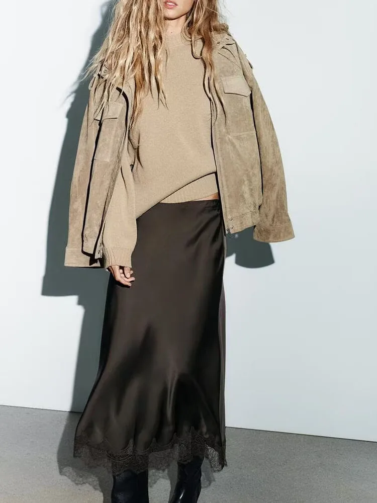 Faionable Lace Trim Zijde Satijn Textuur Midi Rok Dames Nieuwe Collectie Herfst 2025, Ele Toneelkostuum Traditionele Hanfu